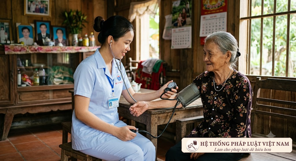 Cô đỡ thôn bản thăm khám sức khỏe tại nhà