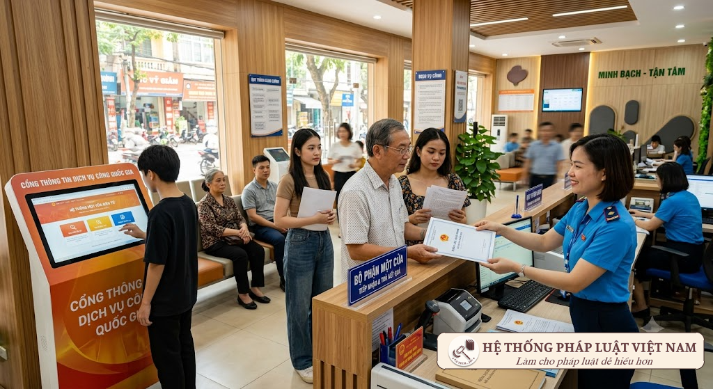 Cán bộ cơ quan nhà nước tận tình hướng dẫn người dân tra cứu thông tin dịch vụ công trực tuyến