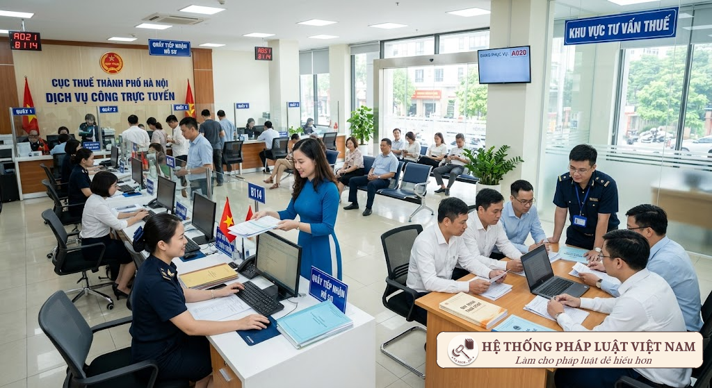 Cán bộ thuế và người nộp thuế làm việc về chính sách thuế GTGT