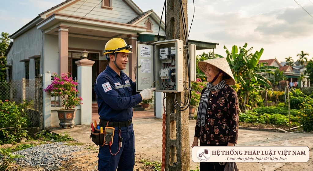 Cán bộ ngành điện kiểm tra hệ thống đo đếm điện năng và tư vấn sử dụng điện an toàn cho người dân