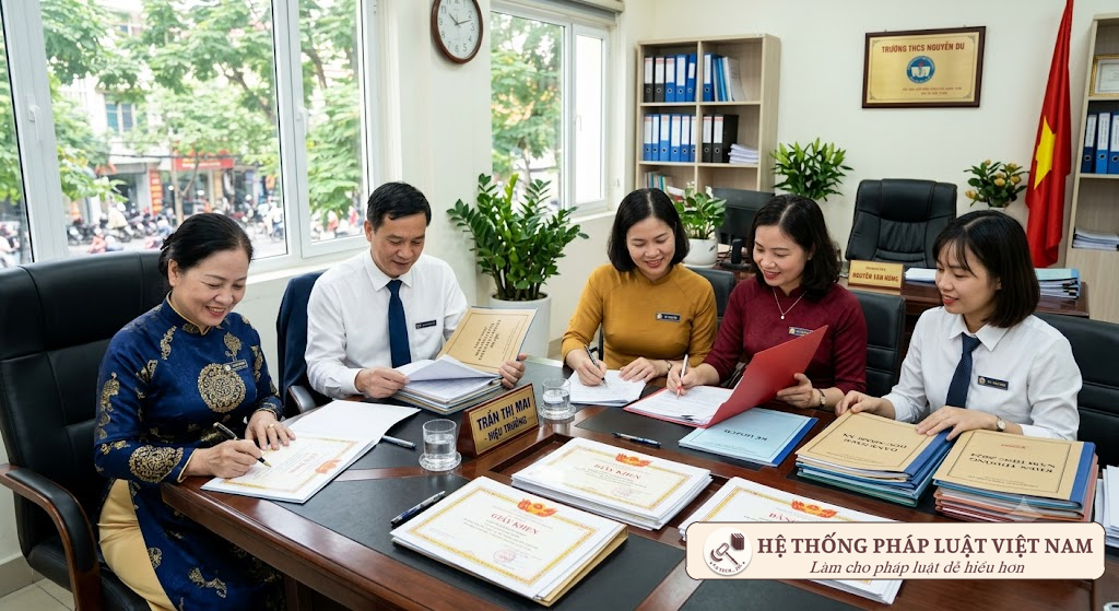 Cán bộ quản lý giáo dục rà soát và xét duyệt hồ sơ thi đua khen thưởng