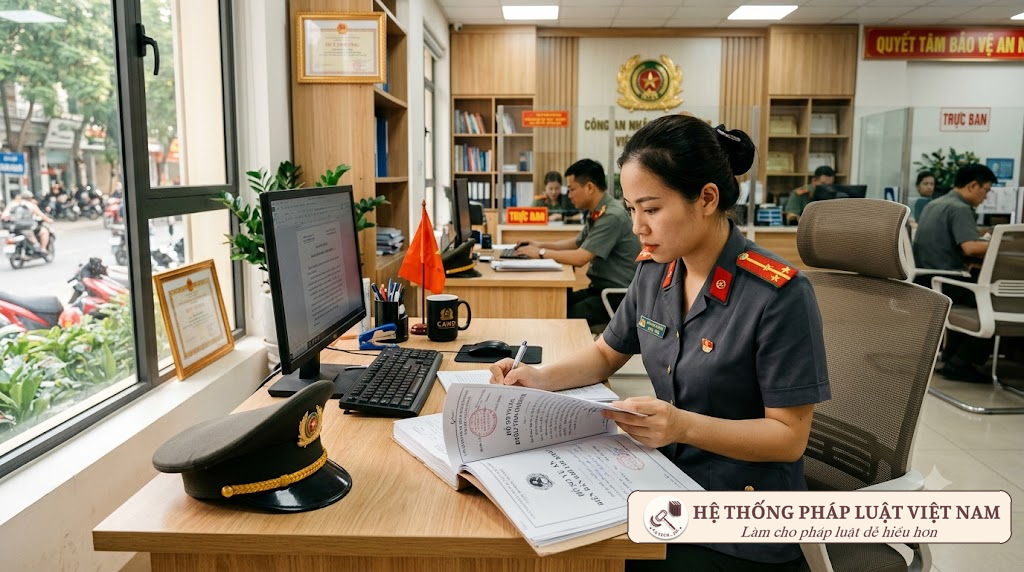 Sĩ quan công an nhân dân kiểm tra và hoàn thiện hồ sơ trợ cấp một lần
