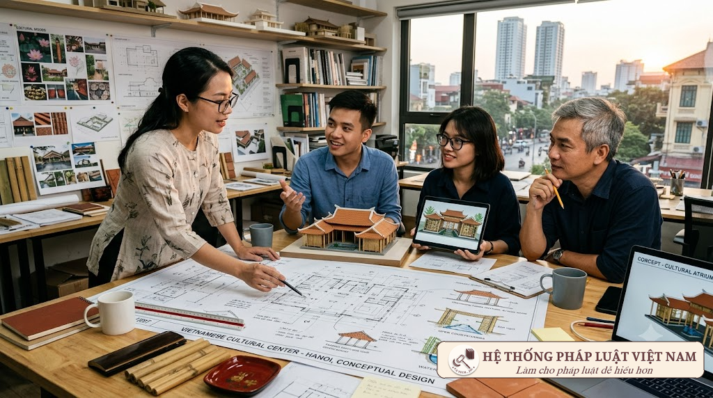 Các kiến trúc sư đang thảo luận về thiết kế kiến trúc
