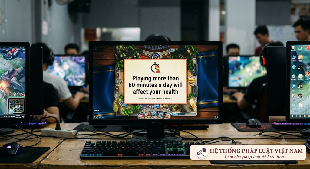 Hiển thị cảnh báo giới hạn thời gian chơi game đối với trẻ em Màn hình cảnh báo thời gian chơi game vượt quá quy định 60 phút mỗi ngày