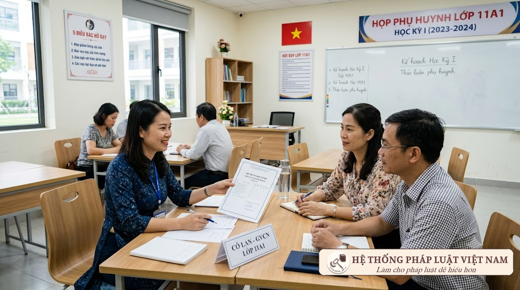 Trao đổi thông tin giữa giáo viên và phụ huynh học sinh Giáo viên và phụ huynh trao đổi thông tin học tập