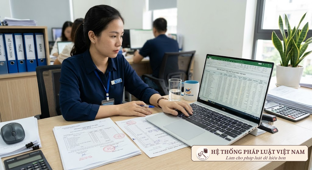 Kế toán kiểm tra hồ sơ thuế và bảo hiểm trên máy tính