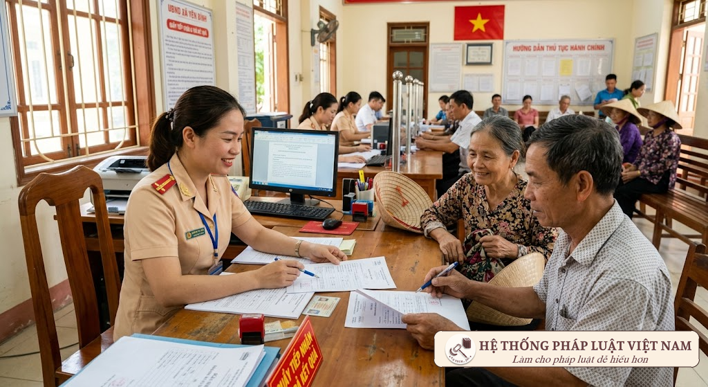 Cán bộ công chức cấp xã tại bộ phận một cửa giải quyết thủ tục hành chính cho người dân