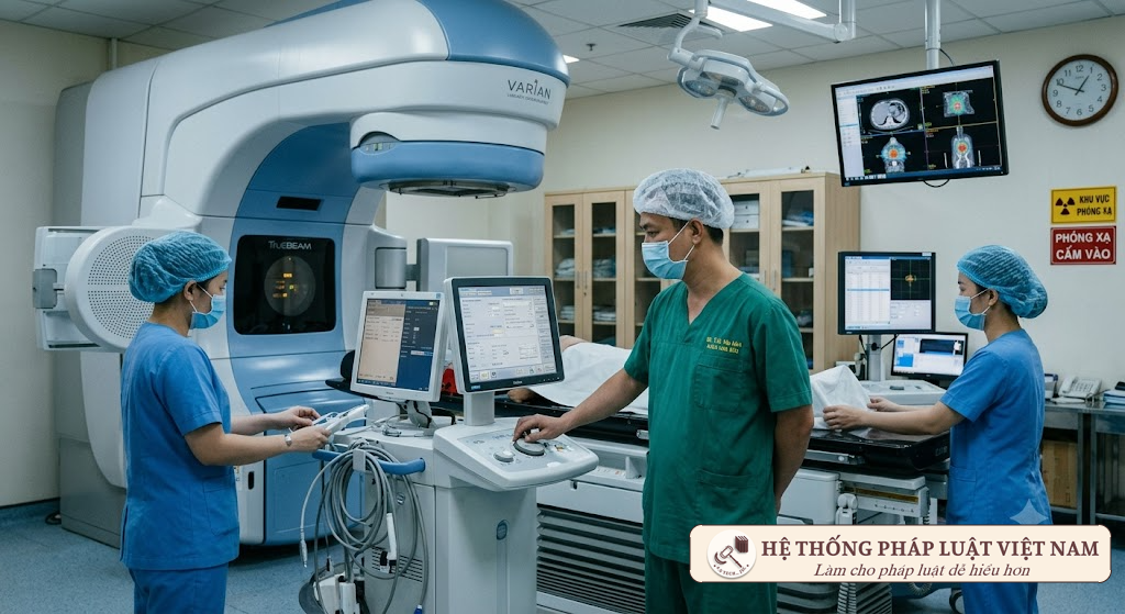 Y bác sĩ kiểm tra trang thiết bị xạ trị hiện đại