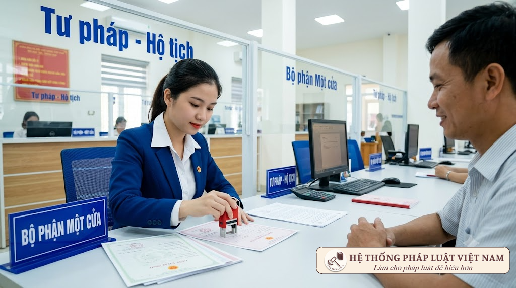 Cán bộ tư pháp cấp xã giải quyết thủ tục hành chính và chứng thực hồ sơ