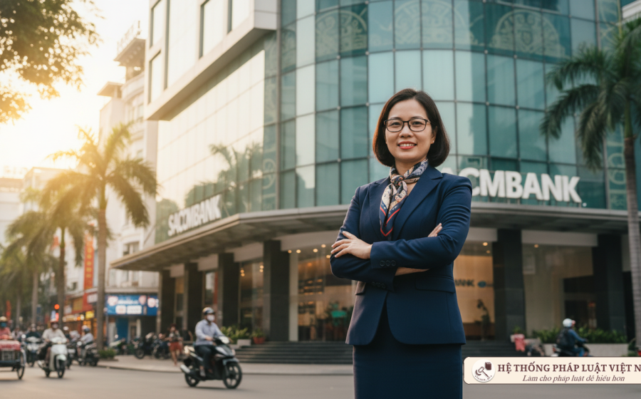 Chuyên gia ngân hàng Việt Nam trước tòa nhà hiện đại